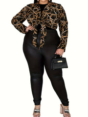  Sexy Blouse Women's Plus Chain Print Long Sleeve Knot Front Crop Top