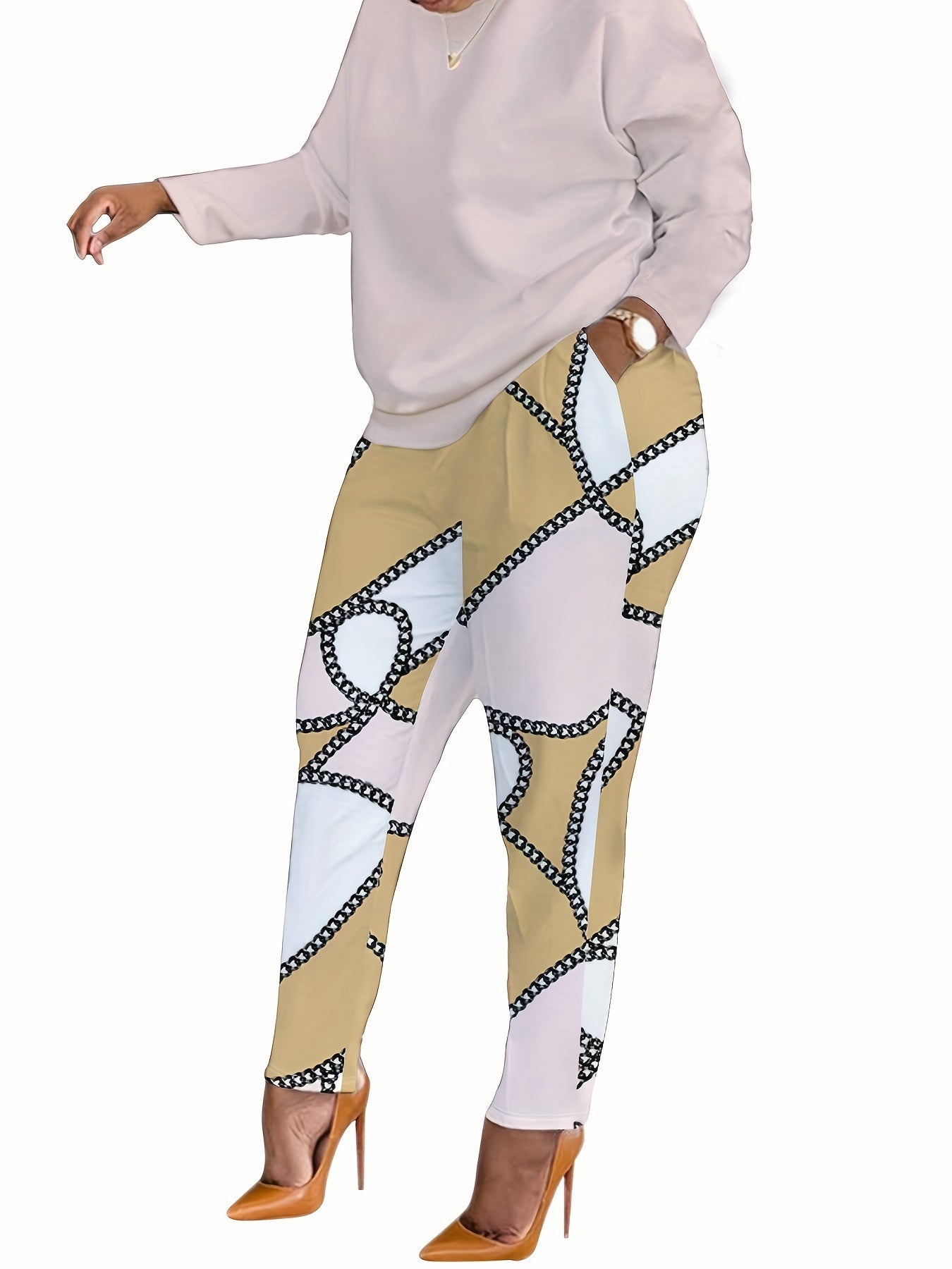  Casual 2PC Set - Solid Top & Chain Print Leggings