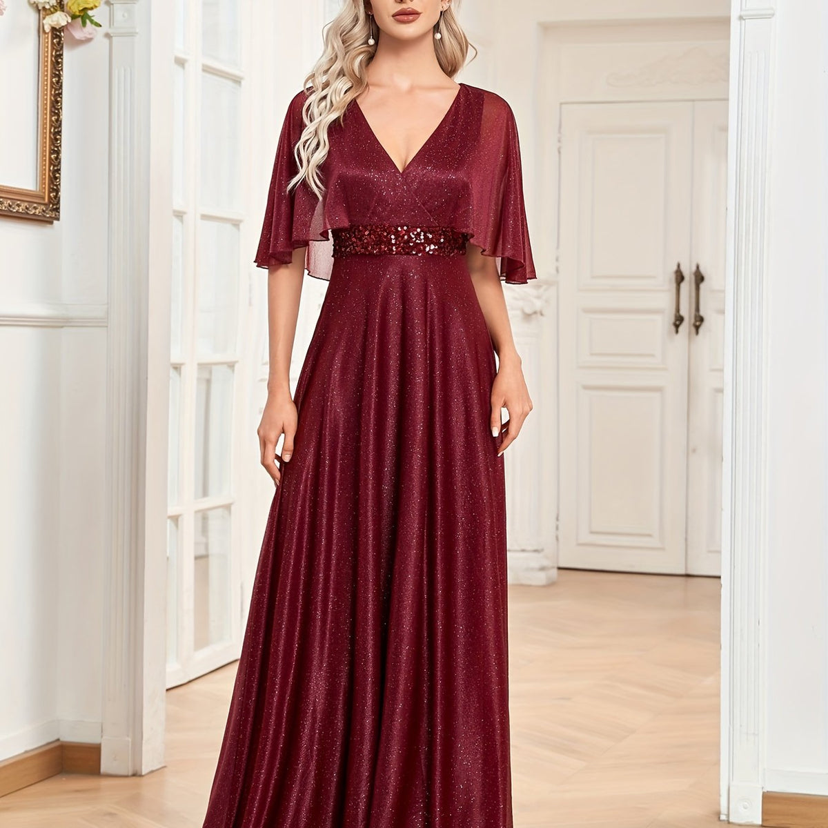 Sequin Bridesmaid Dress Cape Sleeve Surplice Neck