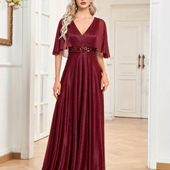 Sequin Bridesmaid Dress Cape Sleeve Surplice Neck