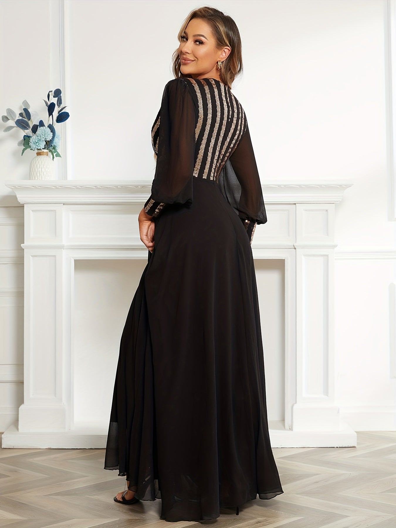 Sequined Surplice Neck Dress Sleeveless Ankle Dress for Party
