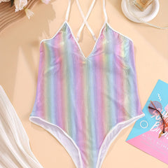  Rainbow Striped Crisscross Back Teddy Bodysuit