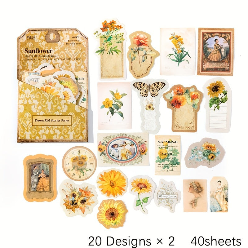 40pcs Flower Room Old Things Series Retro Small Fresh Creative Journal Decorativ