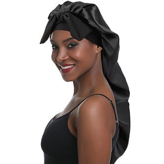 Women's Satin Fabric Night Cap Hair Cap Bonnet with Braided Bow