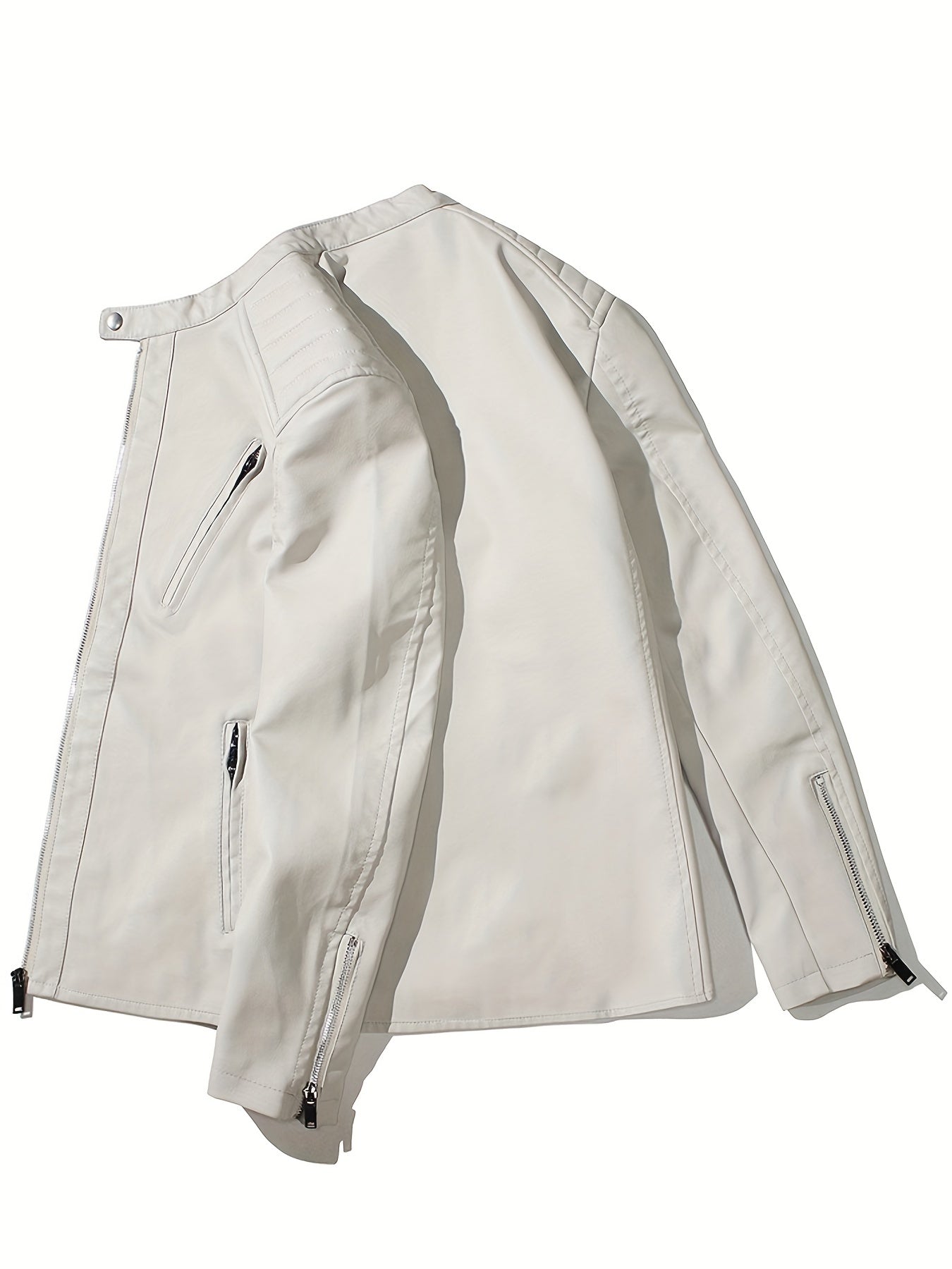 Men's Casual PU Biker Jacket Stand Collar Zipper Pocket Faux Leather Jacket Coat