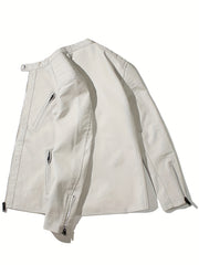 Men's Casual PU Biker Jacket Stand Collar Zipper Pocket Faux Leather Jacket Coat