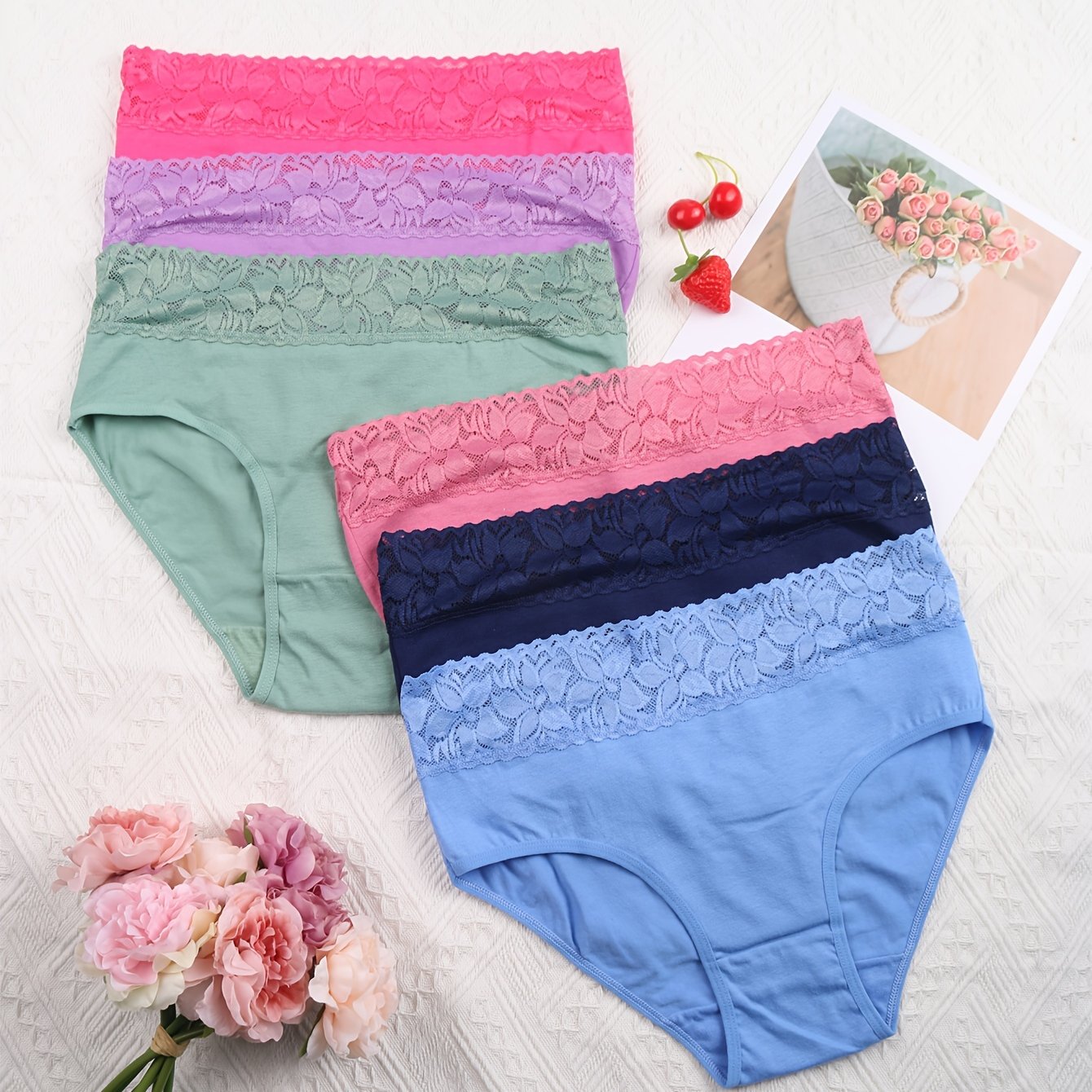 6 Pack Plus Size Lace Mid Rise Stretch Briefs