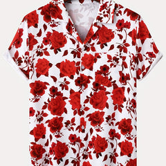 Flower Print Men's Hawaiian Shirt Short Sleeve Chest Pocket