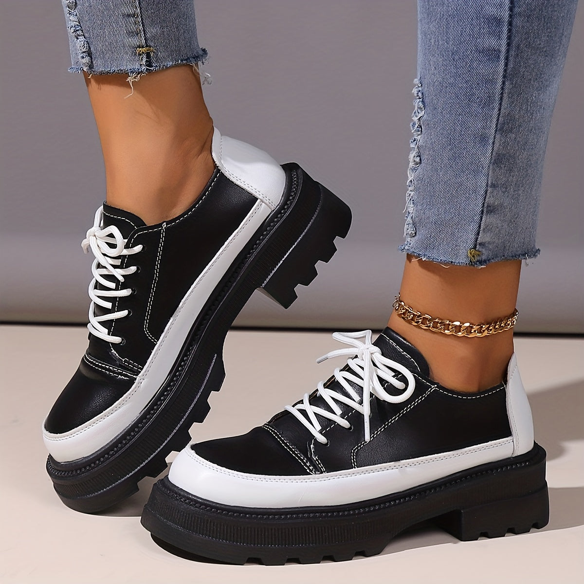 Colorblock Platform Sneakers Lace Up Loafers Low Top Shoes