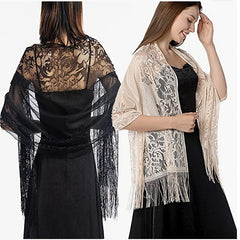 Floral Lace Scarf Shawl With Tassels Soft Mesh Fringe Wraps