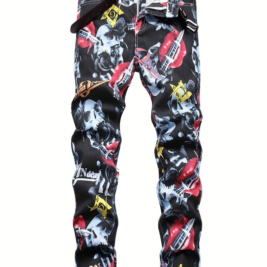 Skull Graffiti Cotton Jeans Mens Casual Street Style All-Over Print Denim Pants