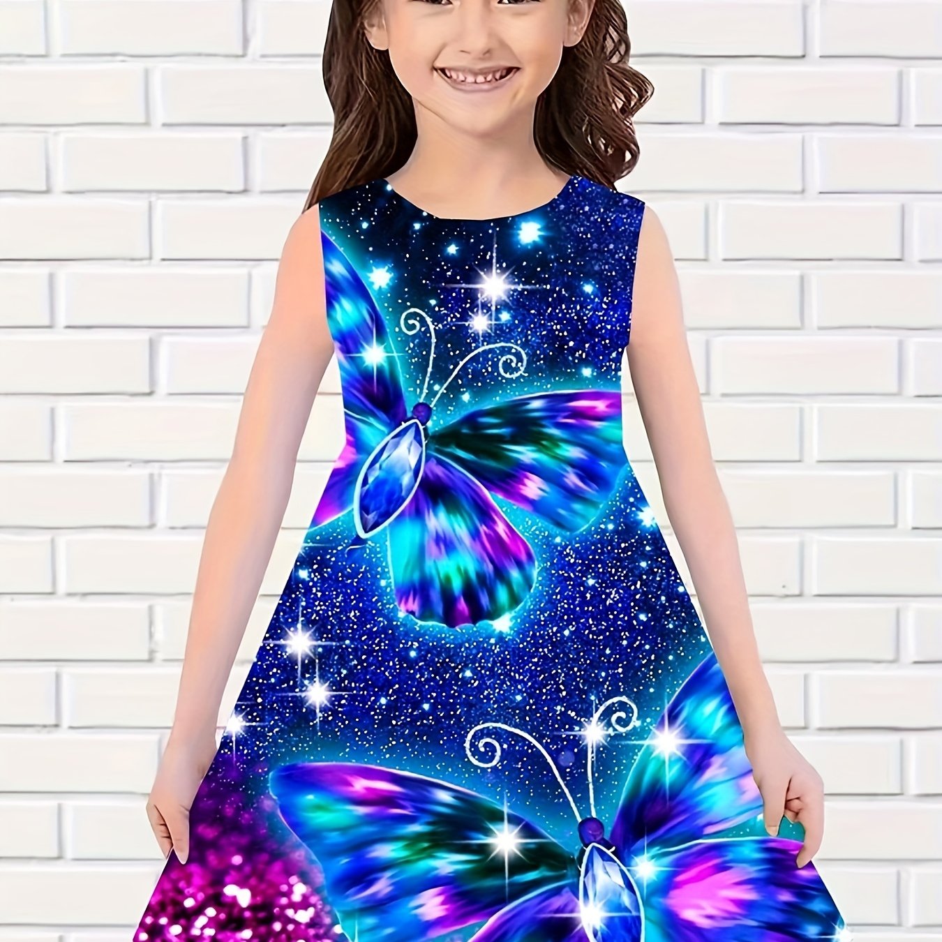 Butterfly Print Dress Girls Sleeveless Summer Party Gift Outdoor