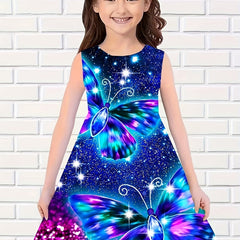 Butterfly Print Dress Girls Sleeveless Summer Party Gift Outdoor