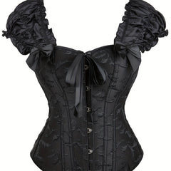 Ruffle Corset Bustier Front Buckle Lace Up Puff Sleeve Body Shaper