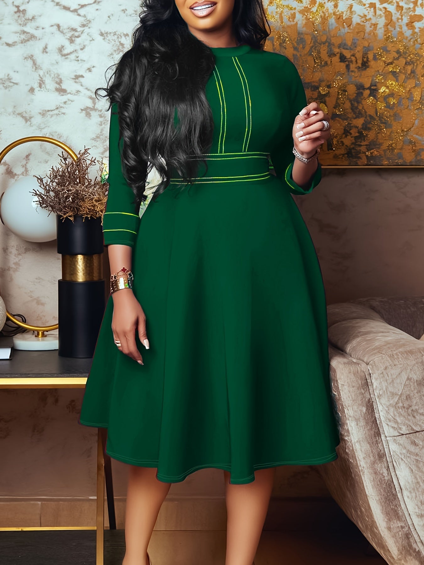  Long Sleeve Stand Collar A Line Dress