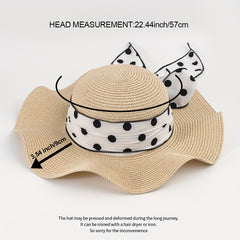 Dotted Ribbon Bowknot Sun Hat Ruffles Wide Brim Straw Bucket Hats