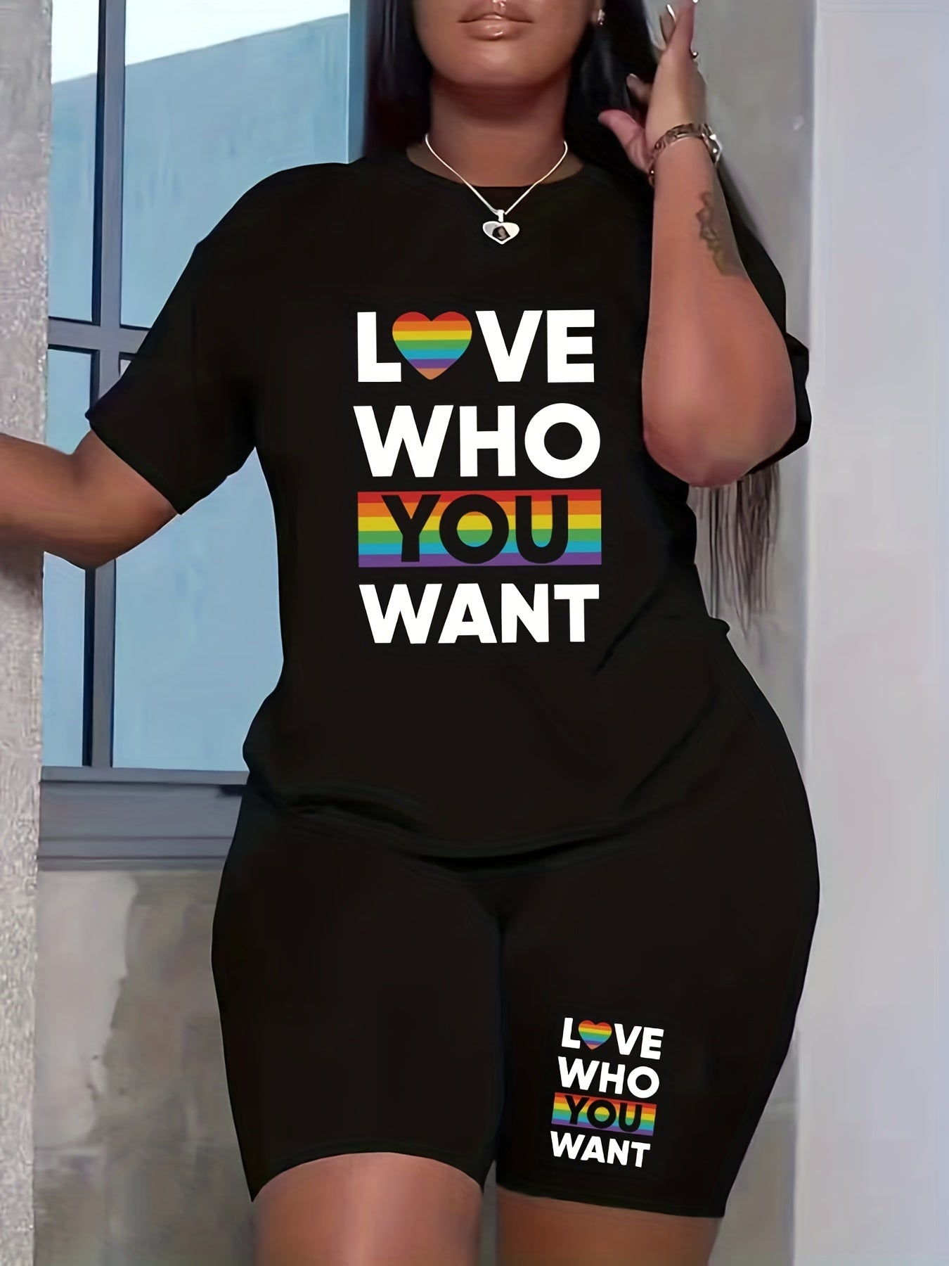  LGBT Casual Outfits 2 Piece Set Women's Plus Slogan & Rainbow Heart