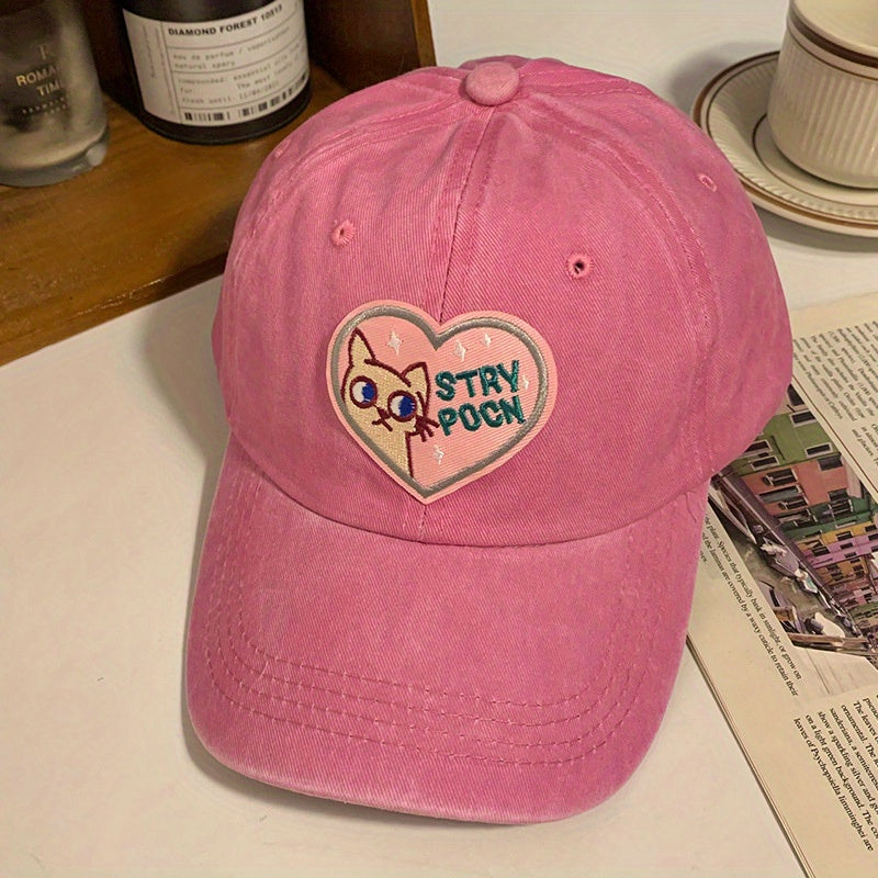 Embroidered Cartoon Cat Pink Heart Label Patch Sun Hat