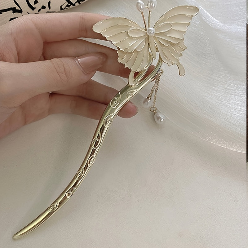 Chinese Vintage Butterfly Tassel Faux Pearl Hairpin Hanfu Antique Metal