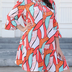  Geometric Print Bell Sleeve Tie Front Dress