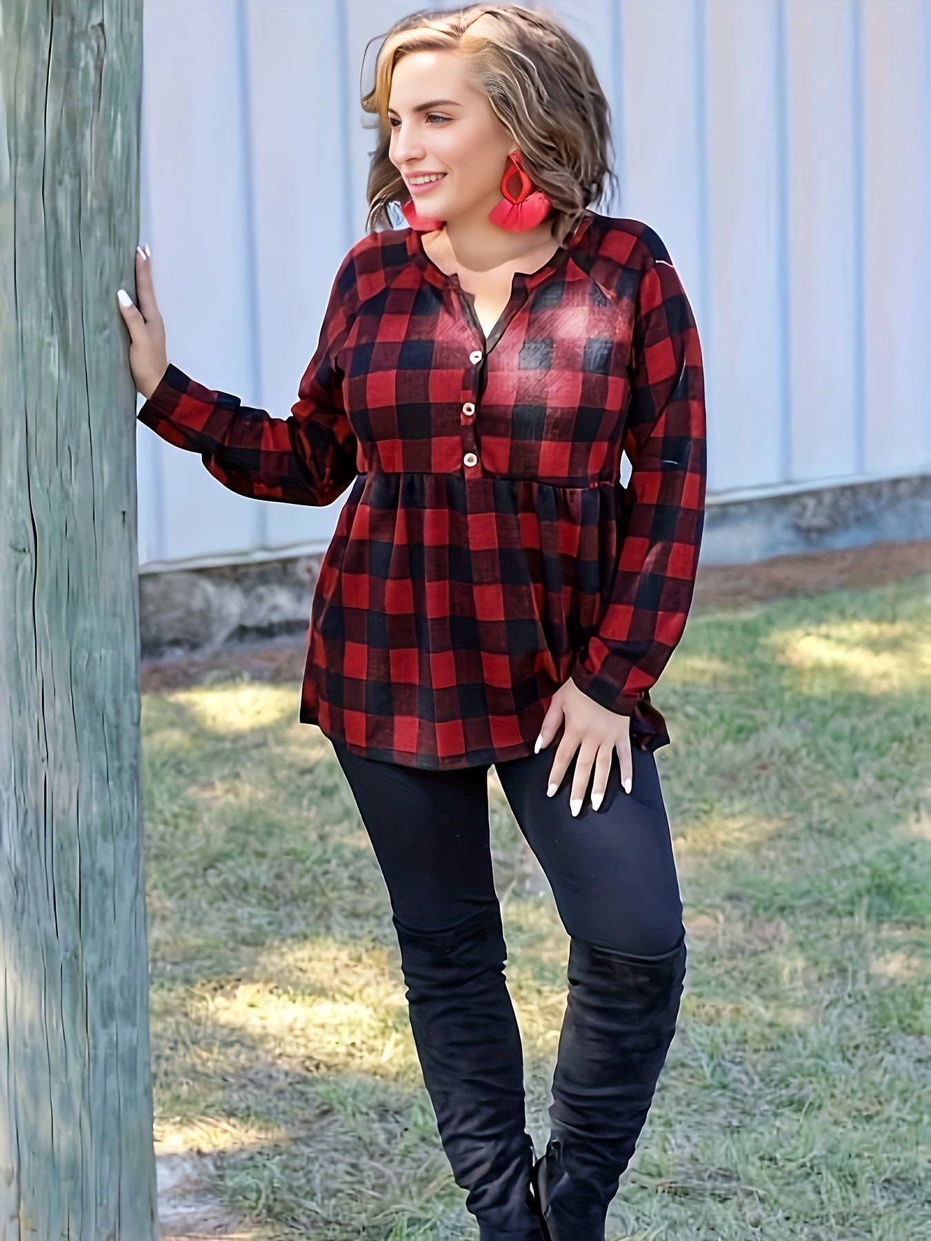  Plaid Print Long Sleeve Ruffle Peplum Shirt