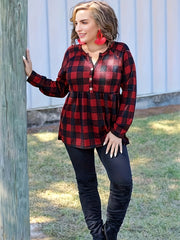  Plaid Print Long Sleeve Ruffle Peplum Shirt