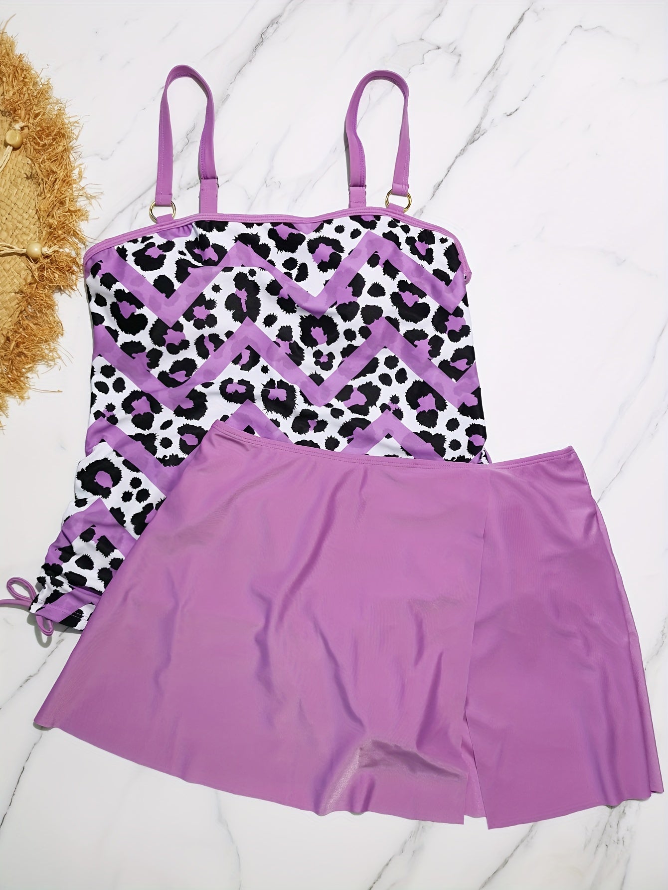 Leopard & Chevron Print Lace Up Side Tankini Set