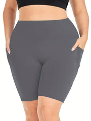 Plus Size Sports Shorts Women's Plus Solid High Rise Pockets Side Stretchy Yoga