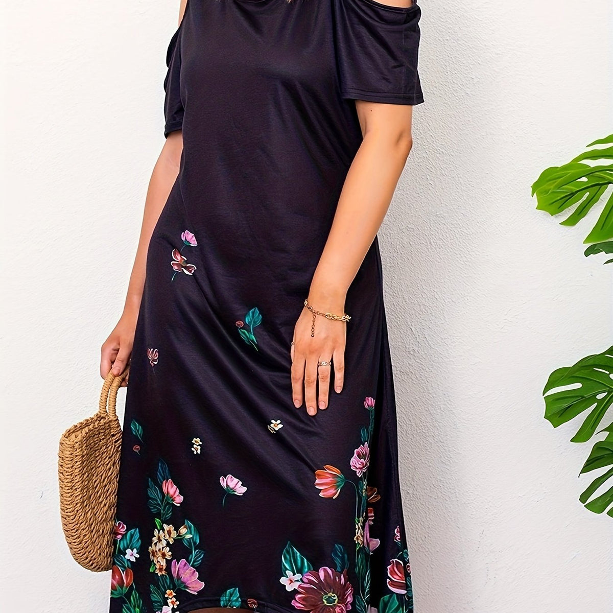  Casual Dress Women's Plus Border Floral Print Cold Shoulder