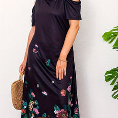  Casual Dress Women's Plus Border Floral Print Cold Shoulder