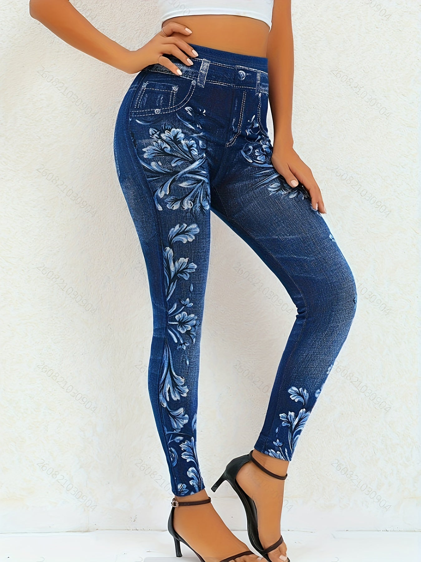  Denim & Floral Print Leggings High Stretch
