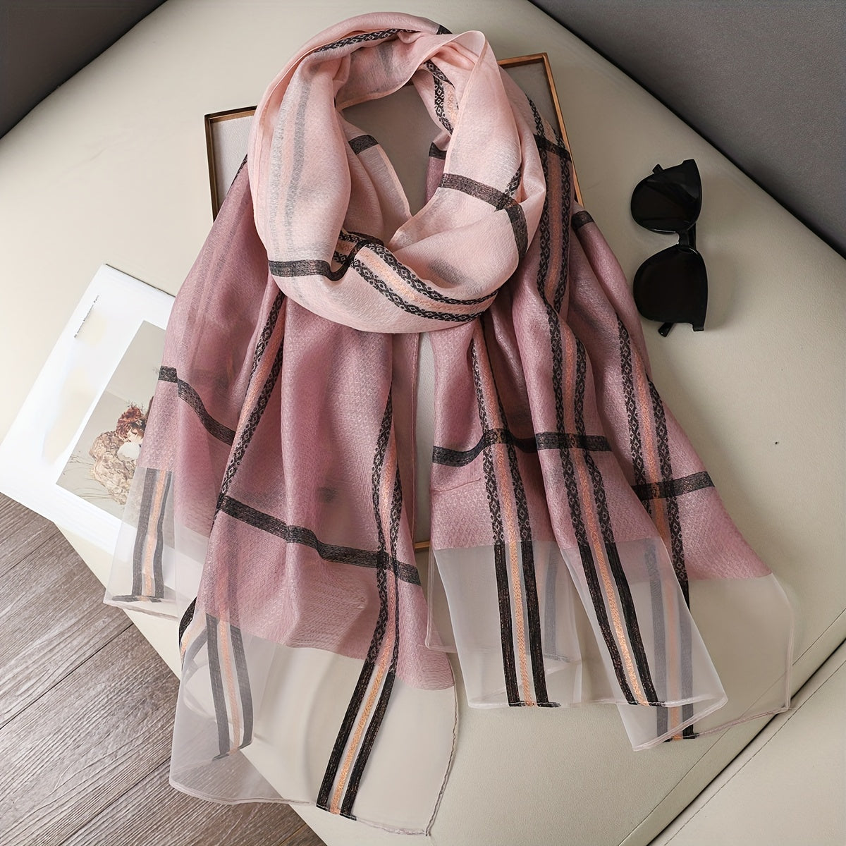Soft Pink Mesh Scarf Lightweight Stripe Shawl Wrap