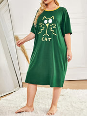  Cat Print Lounge Dress Short Sleeve Round Neck Split Sleep Dress