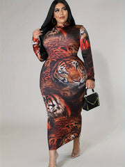  Lion Print Long Sleeve Mock Neck Bodycon Midi Dress