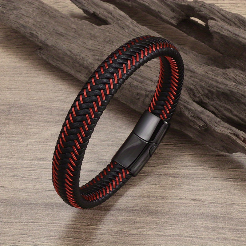 Men's Red Leather Braided Bracelet Magnetic Buckle