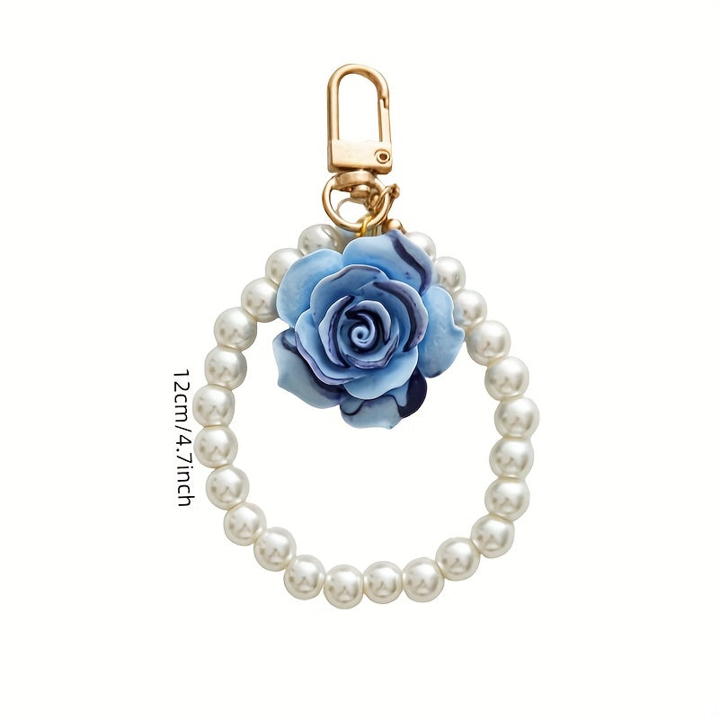 Faux Pearl Wristlet Keychain Gradient Matte Flower Key Chain