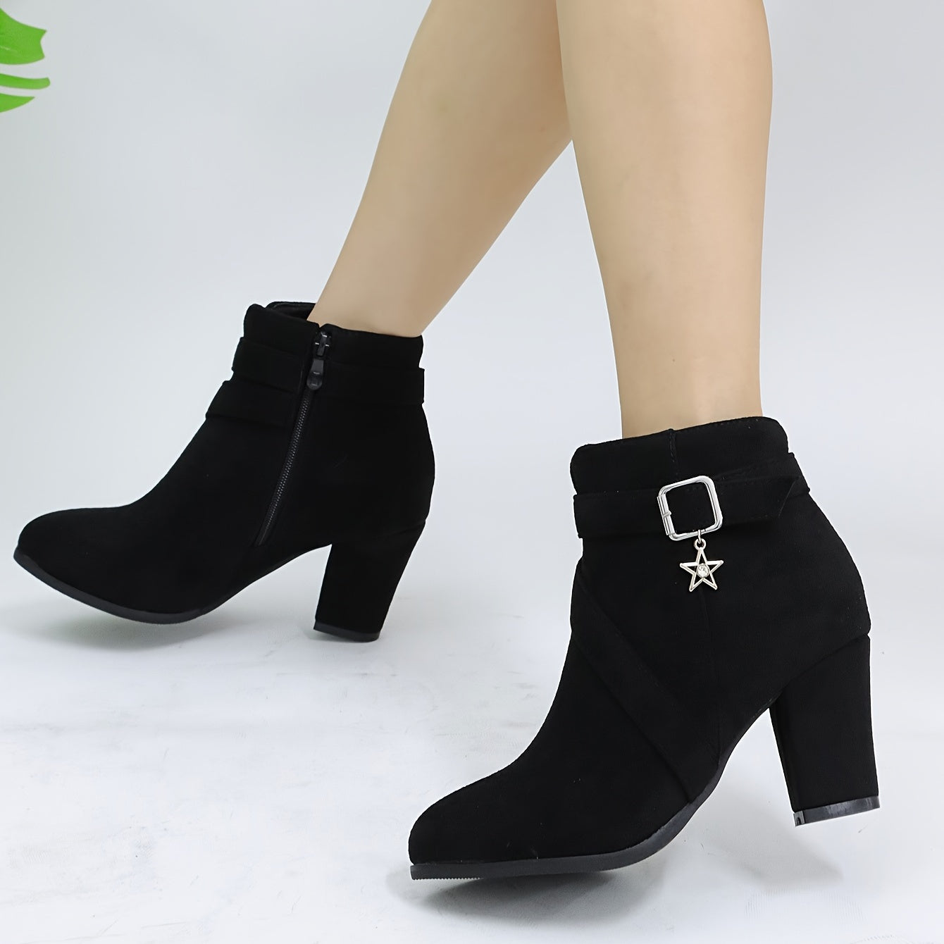 Women's Star Buckle Ankle Boots Block High Heels Round Toe