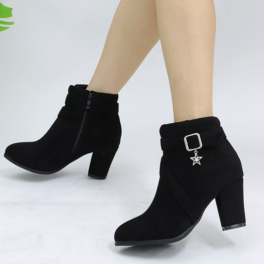 Women's Star Buckle Ankle Boots Block High Heels Round Toe