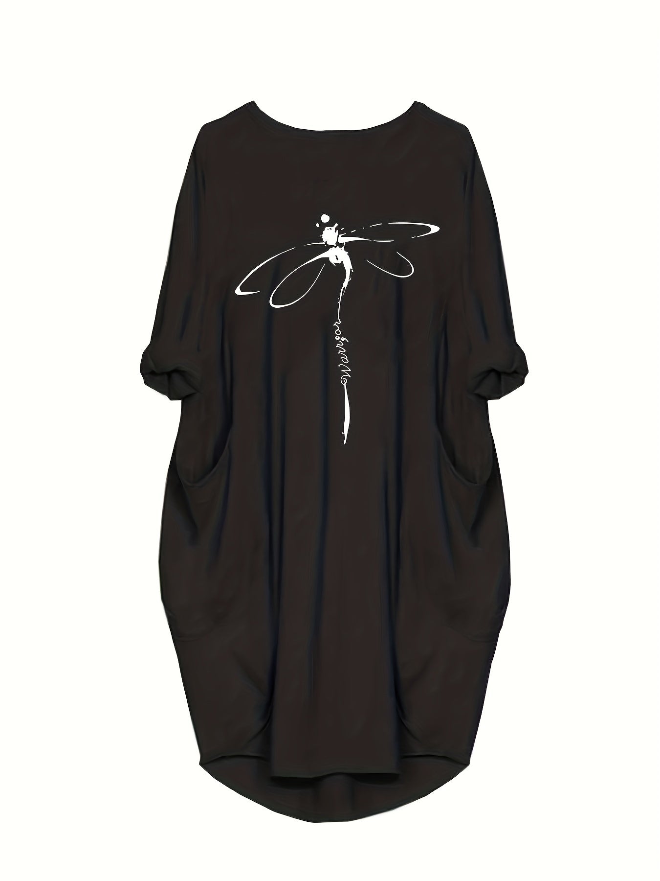 Women's Plus Dragonfly & Letter Print Round Neck Dress With Pockets