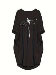 Women's Plus Dragonfly & Letter Print Round Neck Dress With Pockets