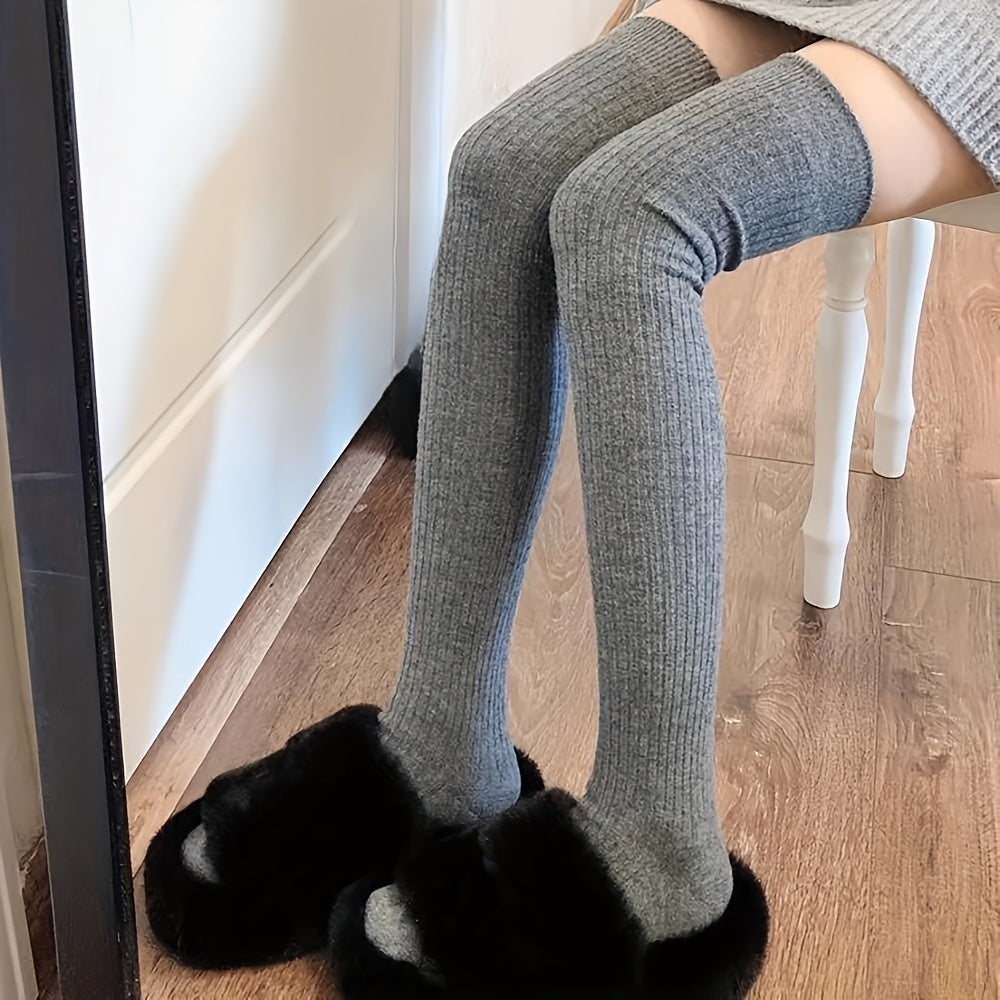 Teenager's Solid Striped Knee High Socks Long Stockings