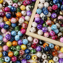 100pcs 8mm Cracked Acrylic Spacer Beads Ink Printed Ceramic Pattern Round Beads