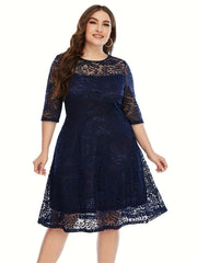  Lace Semi Sheer 3/4 Sleeve Midi Dress Women's Plus Stretch Midi Dress
