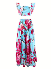 Vintage Floral Print 2pc Set Flutter Sleeve Blouse & Maxi Skirt Outfit