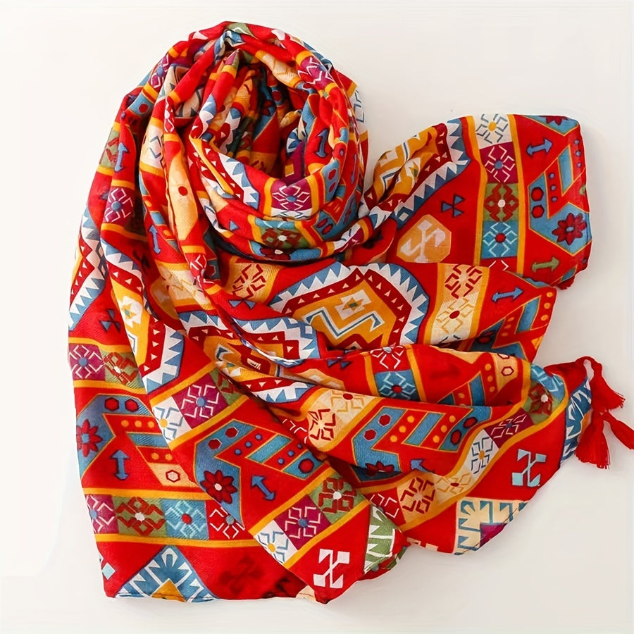 Red Geometric Print Tassel Scarf Boho Shawl Head Wrap Women