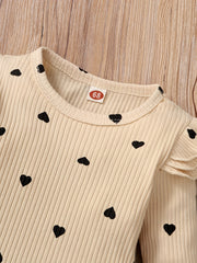 Heart Print Bodysuit Flared Pants 2pcs Casual Set