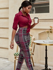 Plaid Print Retro Skinny Suit Pants Women's Casual Trousers