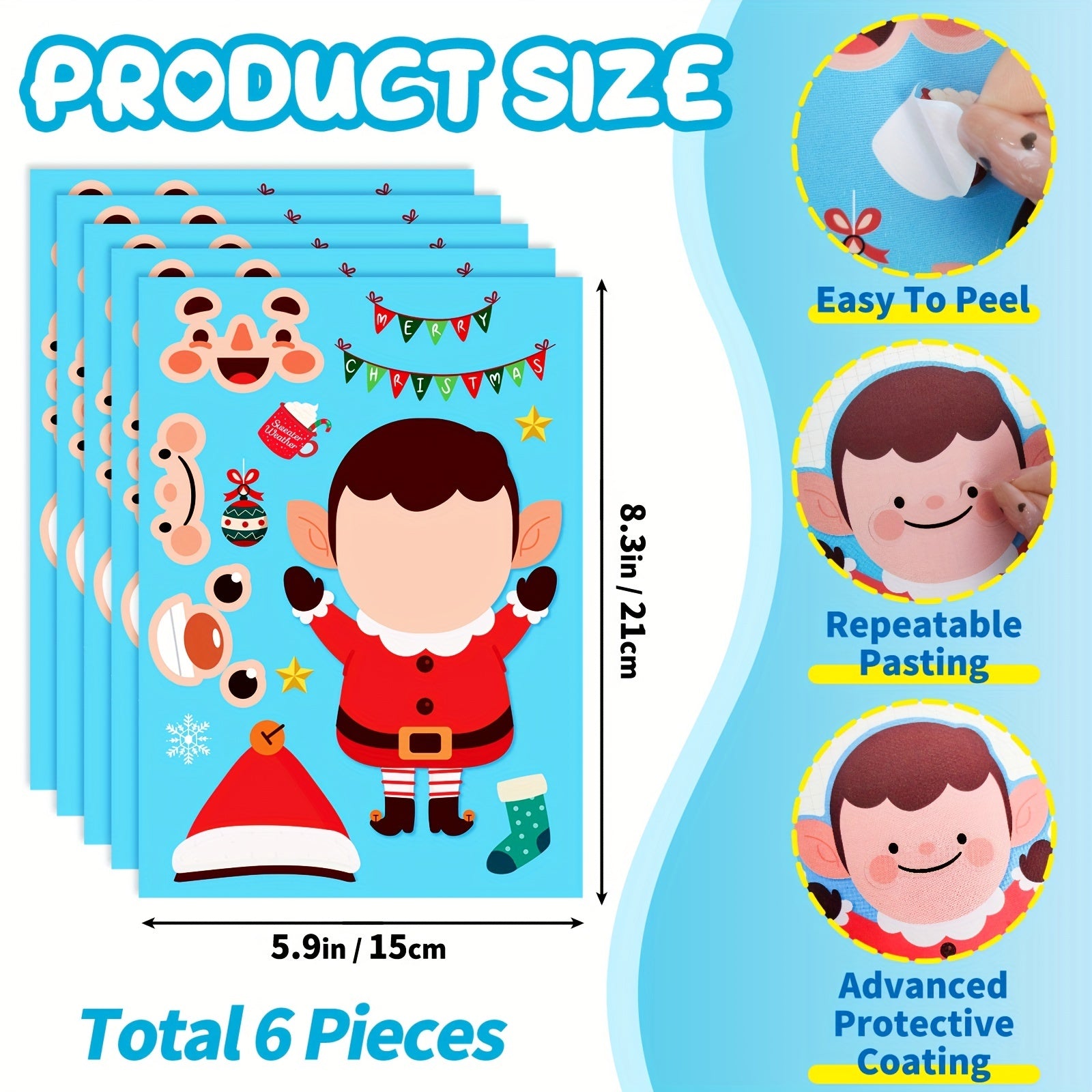 6pcs Christmas Santa Claus Face Changing Stickers DIY Puzzle Stickers