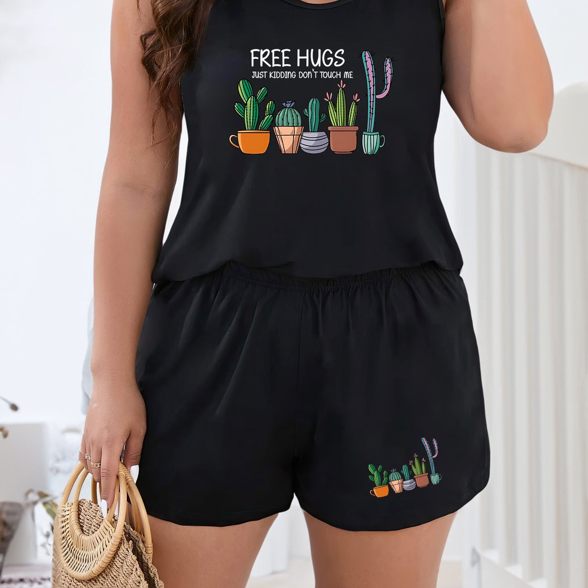  Cactus & Letter Print Tank Top & Shorts Pajama Set