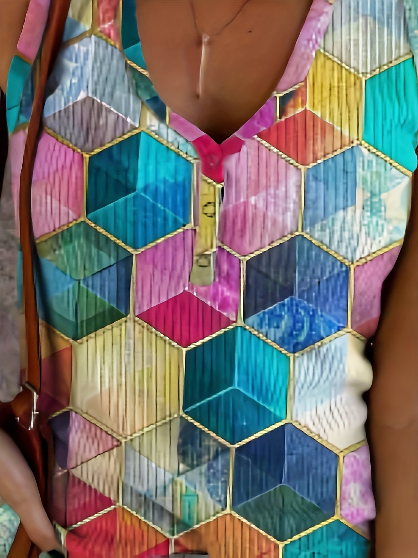  Colorful Geo Print V Neck Button Front Tank Top